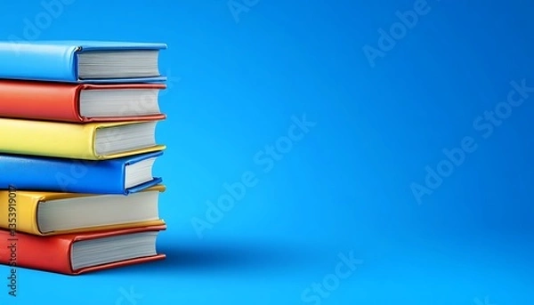 Fototapeta A Colorful Stack Of Bound Books Against A Blue Backdrop