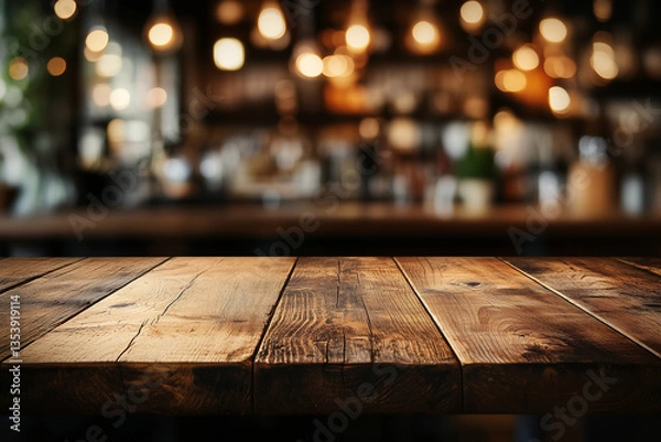 Fototapeta Rustic Wooden Table In A Cozy Cafe Setting
