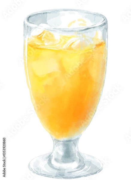 Obraz グラスに入ったオレンジジュースの水彩イラスト