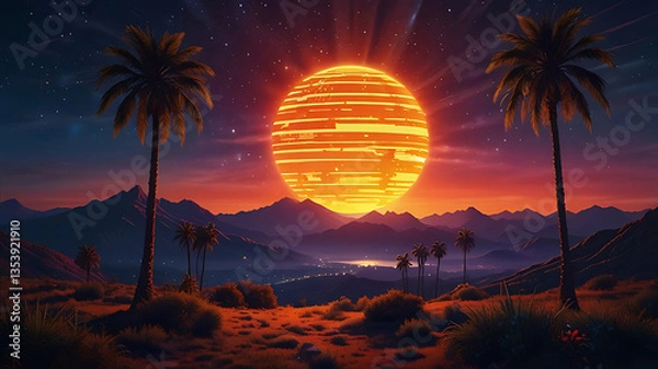 Fototapeta Large Orange Sun Setting Over Tranquil Landscape with Mountains and Palm Trees

