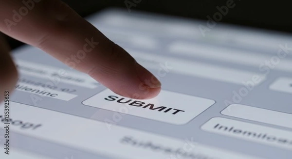 Obraz Finger pressing submit button on digital screen for online submission process