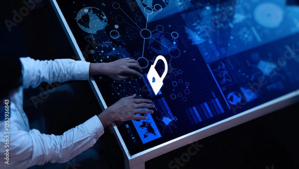 Obraz Business person works on laptop. Hands type on keyboard. Cyber security tech concept shown on screen. Lock, code graphic shows protection. Person manages secure system. Modern digital workspace.