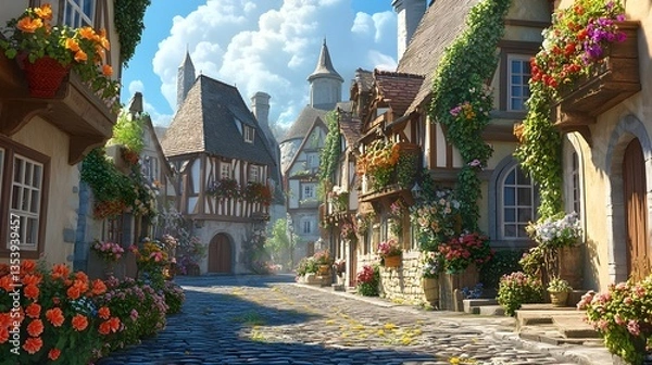 Fototapeta Charming Village Street: Capturing the peaceful allure of a picturesque European village, an empty street guides the eyes towards houses with vibrant flowers overflowing from window boxes.