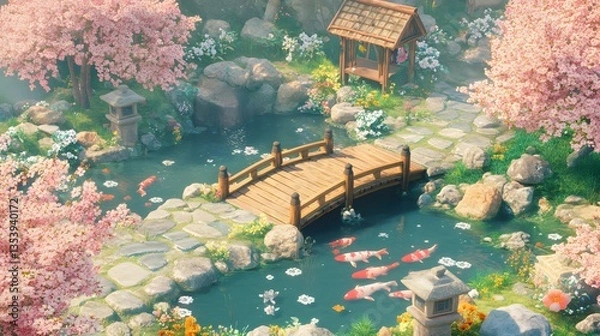 Fototapeta Sakura Garden: A serene Japanese garden scene with koi swimming in a pond, cherry blossoms in full bloom, a bridge and small wooden structure.