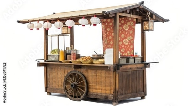 Obraz Traditional street food cart with decorative lanterns and a rustic wooden design.