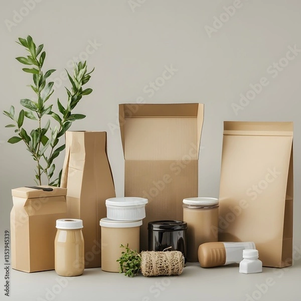 Fototapeta Sustainable Packaging Showcase: An array of eco-friendly packaging options elegantly arranged, highlighting a commitment to sustainability and responsible consumption.