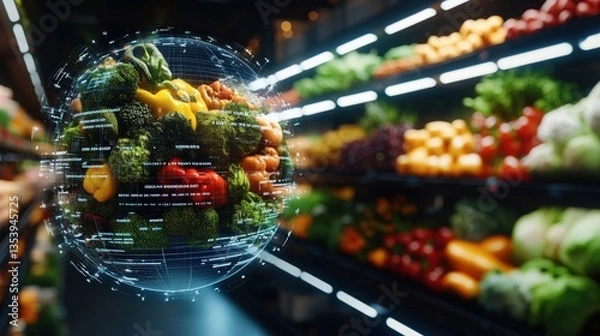 Obraz Digital globe of fresh vegetables featu bell peppers, broccoli, and carrots against a blurred background of a supermarket produce aisle display
