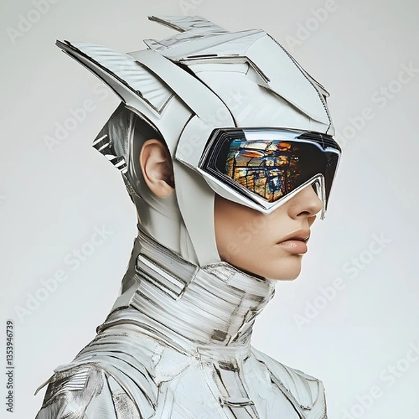 Fototapeta Futuristic Fashion Portrait: A stunning model, adorned in an avant-garde helmet and futuristic attire, stares ahead with an air of mystery, portraying a vision of tomorrow's style.