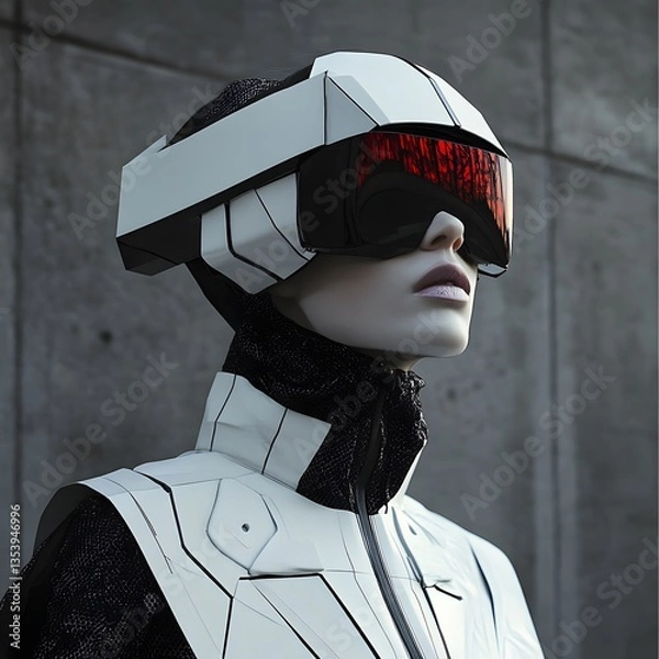 Fototapeta Cyberpunk Vision: A futuristic woman, adorned in a sleek, futuristic helmet, embodies the essence of cyberpunk aesthetics and technological innovation. Captivating the mystery and allure.