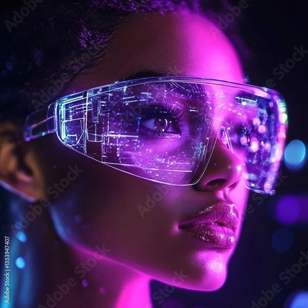 Fototapeta Visionary in Tech: A stunning woman, adorned with futuristic, holographic glasses, gazes into a world of digital possibilities, illuminated by vibrant neon lights. A glimpse into the future.
