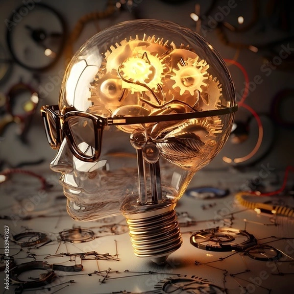 Fototapeta Illumination of Ideas: A conceptual image of a lightbulb shaped like a human head, filled with intricate gears, symbolizing the mechanisms of thought, innovation, and the birth of ideas.