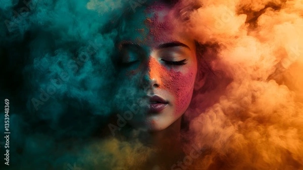 Fototapeta Harmony in Hues: A serene portrait of a woman, her face bisected by vibrant clouds of teal and orange, embodying inner peace and balance.