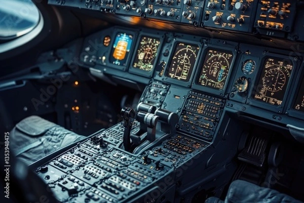 Fototapeta Piloting equipment and instruments featured in a commercial airliner's control room