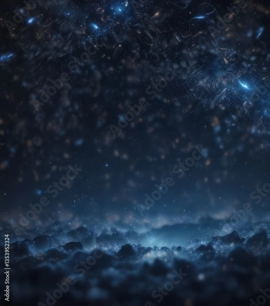 Fototapeta Dark blue night sky with glittering bokeh and sparkles in a magical glow, glitter, starry night