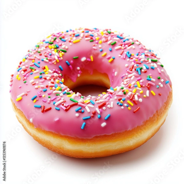 Fototapeta Pink frosted donut with sprinkles on a white background