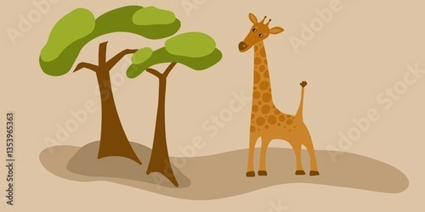 Fototapeta Playful illustration of a giraffe standing beside trees in a savanna landscape. A charming and nature-inspired design perfect for children’s decor, jungle-themed art, and wildlife illustrations.
