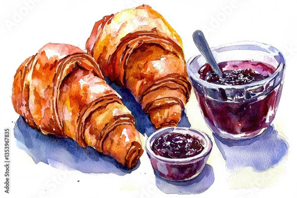 Fototapeta Freshly baked croissants with berry jam create delightful rustic breakfast scene, evoking warmth and comfort