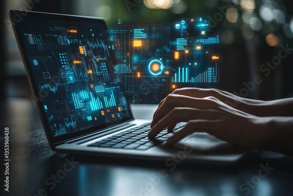 Fototapeta Business Professional Typing on Laptop with Floating AI Data Graphs