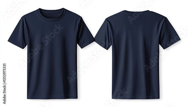 Obraz Navy blue blank t-shirt mockup.  Front and back views of a simple, classic, dark blue crew neck t-shirt.  The shirt is displayed isolated on a white background, showcasing its smooth, even texture