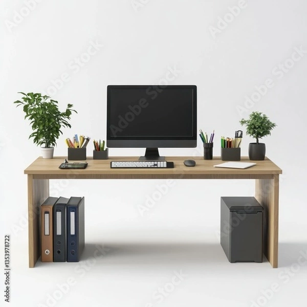 Fototapeta A computer desk with a black monitor, keyboard, mouse