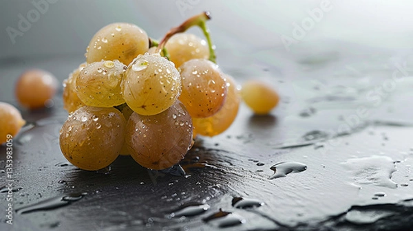 Fototapeta Champagne grape resting on wet black slate surface, luxurious wine grape detail macro
