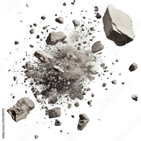 Fototapeta Exploding concrete debris with dust cloud on transparent background Concept of demolition, destruction, and construction accident