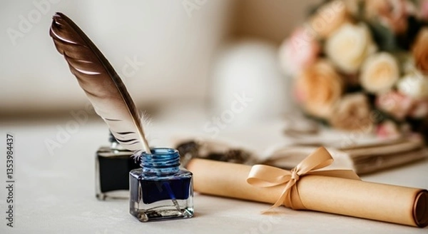Fototapeta Elegant quill pen and ink bottles with rolled parchment on vintage desk