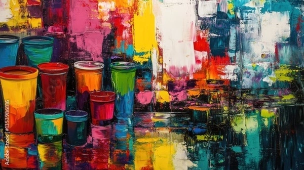 Fototapeta "Top View of Paintbrushes and Paint on a Colorful Canvas Background"