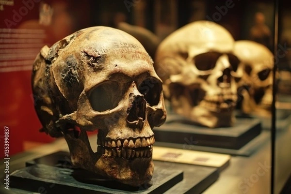 Fototapeta A pair of human skulls sit atop a table, with no background or additional elements