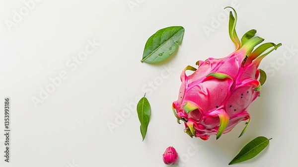 Fototapeta Whole dragonfruit with curling leaf tips on neutral background, exotic tropical fruit concept