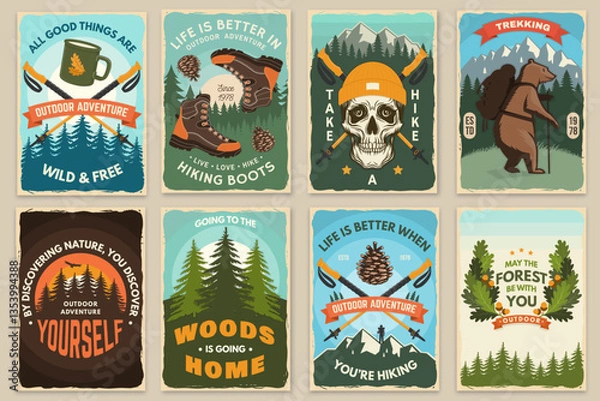 Obraz Set of hiking outdoor adventure flyer, poster, banner with hiker bear with backpack, mountain, hiking poles and pine cone. Vector.