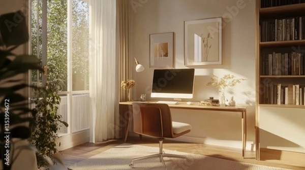 Obraz Cozy home office bathed in warm sunlight, featuring a desk, computer, and decorative plants by the window