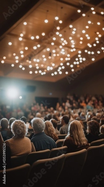 Fototapeta Audience captivated by a speaker under bright lights in theater