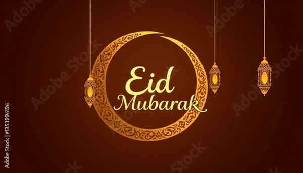 Obraz A festive design featuring a golden crescent moon with intricate patterns, hanging lanterns, and ornate calligraphy that reads "Eid Mubarak" on a rich brown background, embellished with small stars.