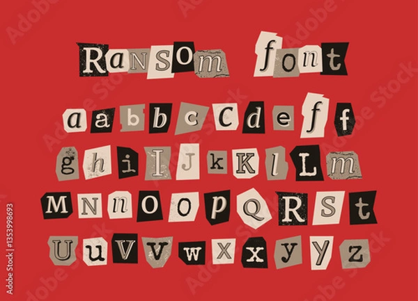 Fototapeta Vector black and white ransom font. Diverse cutout alphabet for collages and scrapbooking. Handmade typography type from newspaper