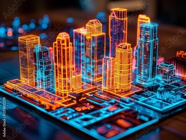 Fototapeta Envision a futuristic landscape where the physical and digital worlds seamlessly intertwine, giving rise to mixed-reality smart cities Imagine towering skyscrapers adorned with vibrant digital