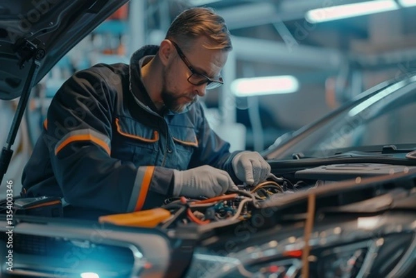 Obraz A technician is performing a diagnostic test on a cars electronics