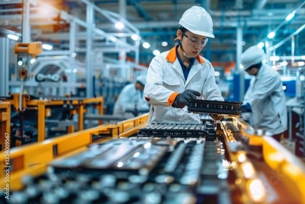 Obraz Chinese technician working on EV car battery cells in electric vehicle factory