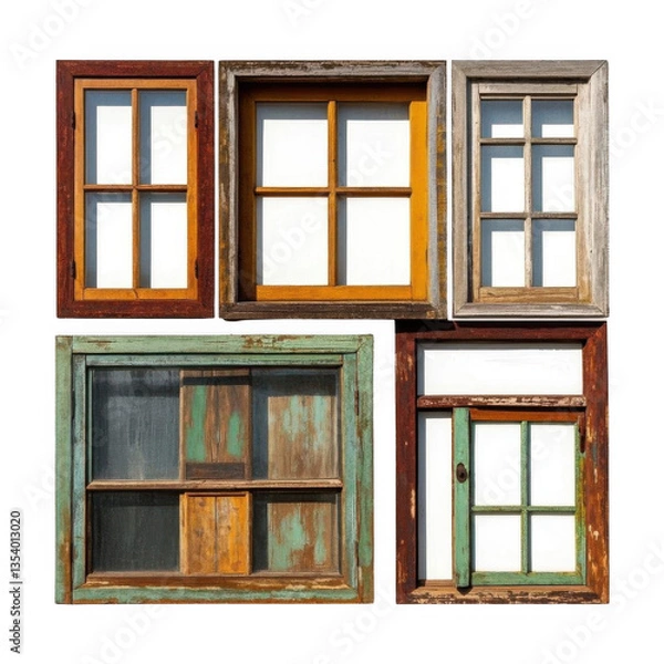 Fototapeta A nostalgic collection of weathered, multi-colored vintage windows showcasing rustic charm and aged beauty with soft natural lighting, transparent background.