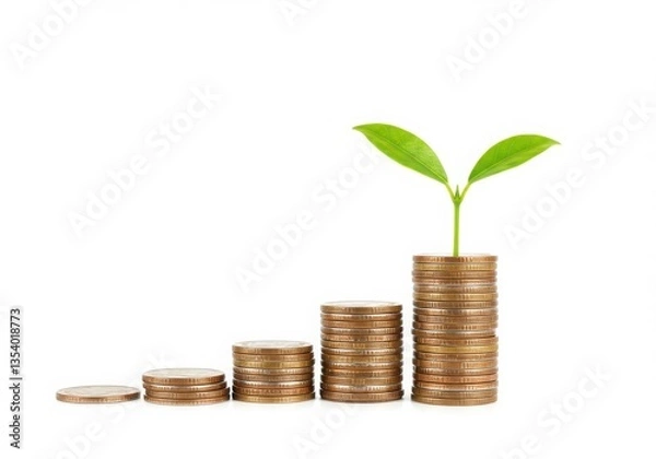 Obraz Stacks of coins in increasing height with a small green plant on the tallest stack isolated