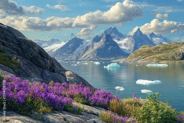 Fototapeta Stunning hyperrealistic view of greenland s rocky shoreline with purple wildflowers and icebergs