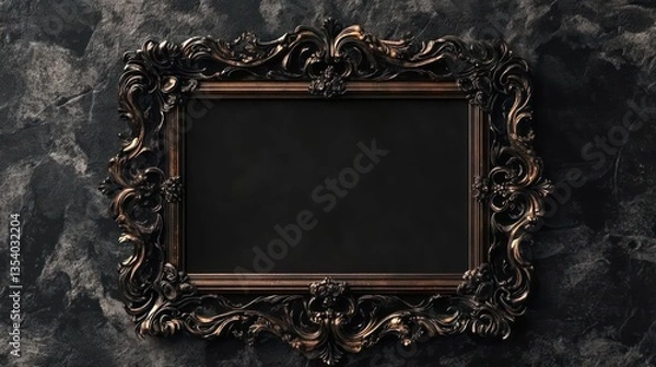 Fototapeta A deep black velvet background with a baroque-inspired ornate bronze frame.