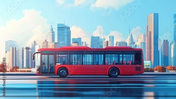 Obraz A vibrant red city bus travels along a busy urban street, surrounded by modern skyscrapers and clear skies