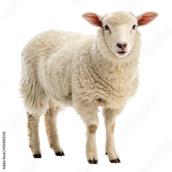 Fototapeta Fluffy white sheep standing on plain background, showcasing its soft wool and gentle expression