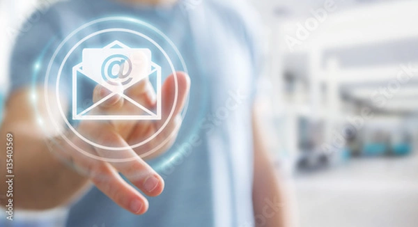 Obraz Biznesmen dotykając renderowania 3D latający ikona e-mail z jego płetwą