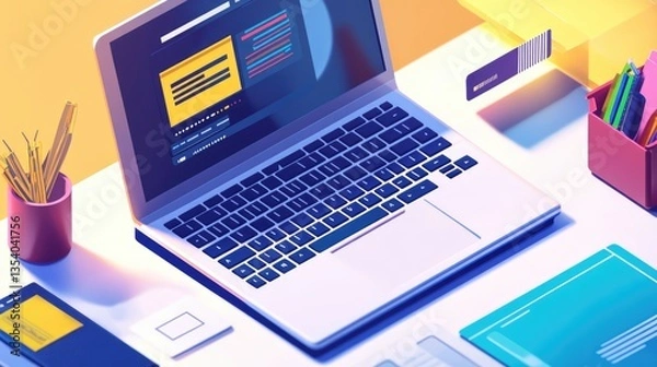 Fototapeta A vibrant workspace featuring a laptop with coding on the screen, colorful stationery, and a bright background