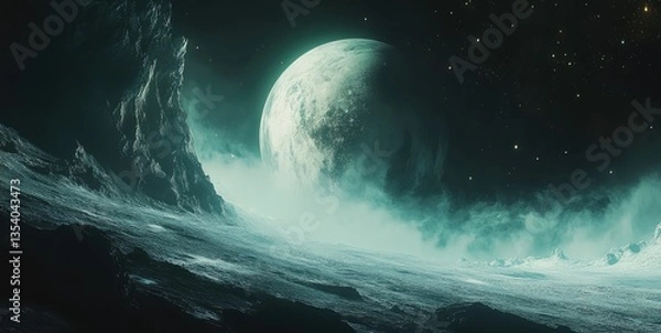 Fototapeta Ethereal landscape on an alien moon with a distant planet looming in a starry sky, evoking cosmic wonder
