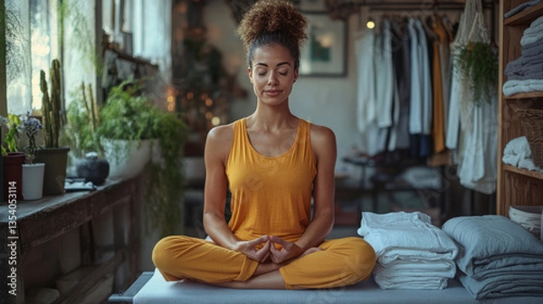 Fototapeta The calm image of a woman in meditation surrounded by neatly folded laundry conveys a sense of order, mindfulness, and tranquility