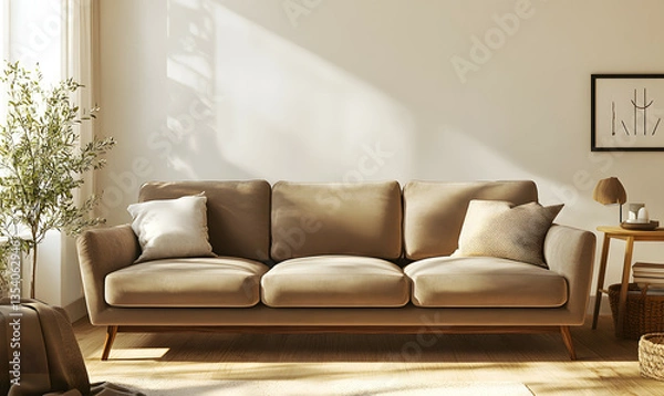 Obraz 2..3D Rendering, Empty Wall Mockup, Living Room Mock Up in Scandinavian Style, Minimalist Modern Living Room Interior Background