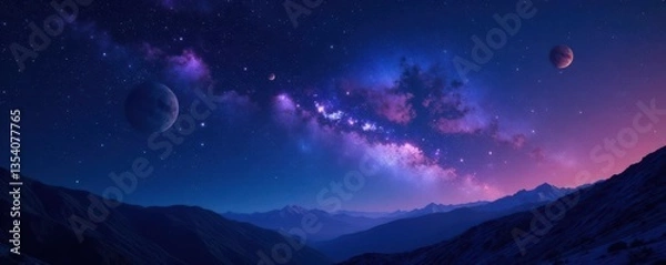 Fototapeta Starry Night Sky with Sparkling Stars and Planets, Astronomical, Universe